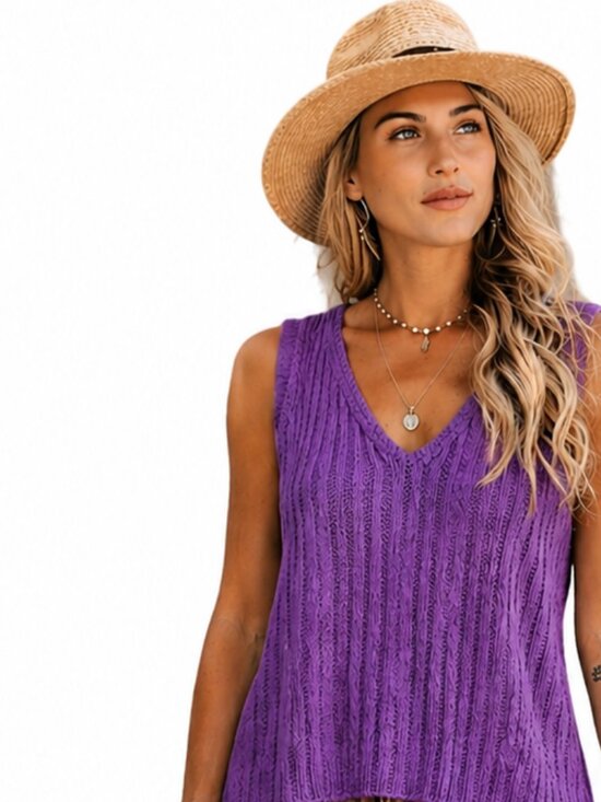 Sweaters - Purple deep v-neck midweight cable-knit vest, long side slits